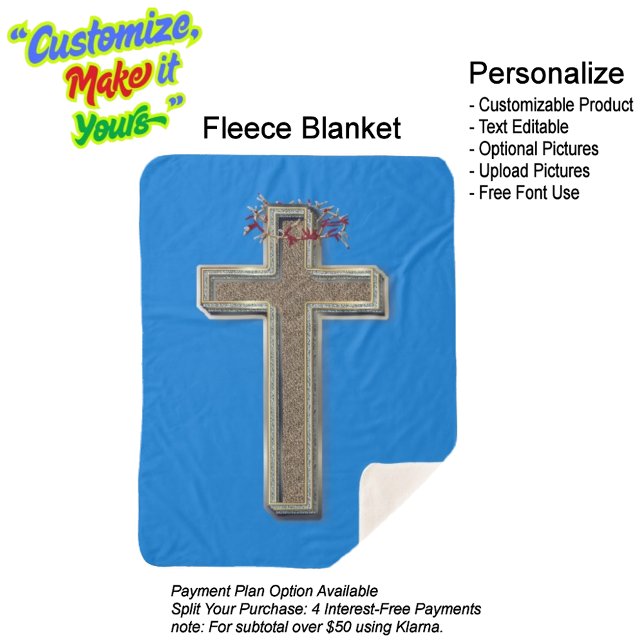 Cross Sherpa Blanket with Blue Background (Cross Sherpa Fleece Blanket Featuring a Blue Background.)