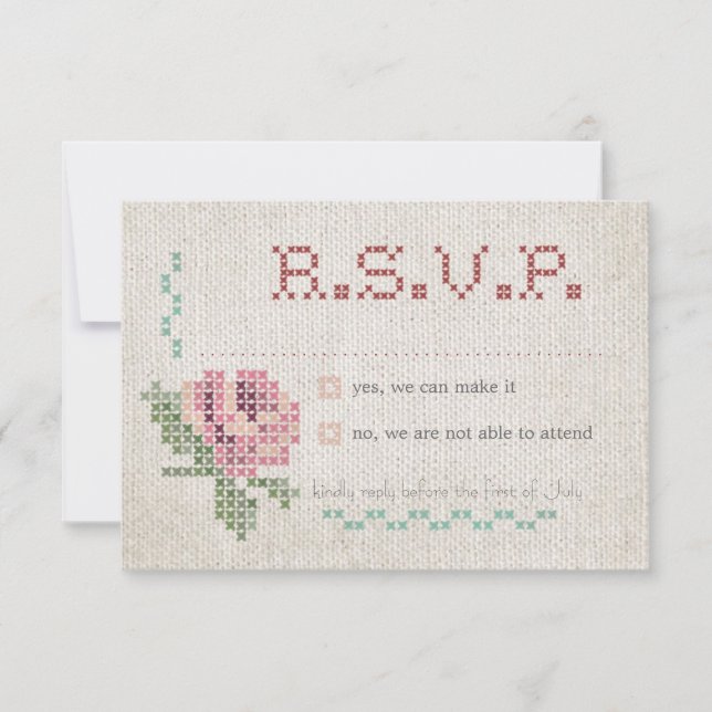 Cross-Stitch Antique Wedding RSVP Card (Front)
