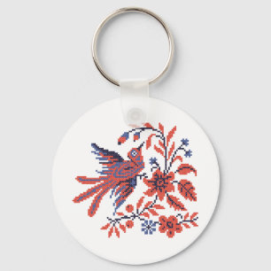 Cross-stitch Charm bird on twig of flowers blossom Key Ring