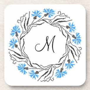 Cross-stitch Cornflower Circle  Monogram Initial Coaster