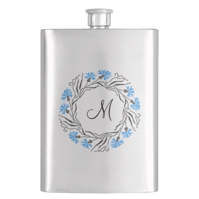 Cross-stitch Cornflower Circle  Monogram Initial Hip Flask (Front)