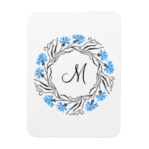 Cross-stitch Cornflower Circle  Monogram Initial Magnet
