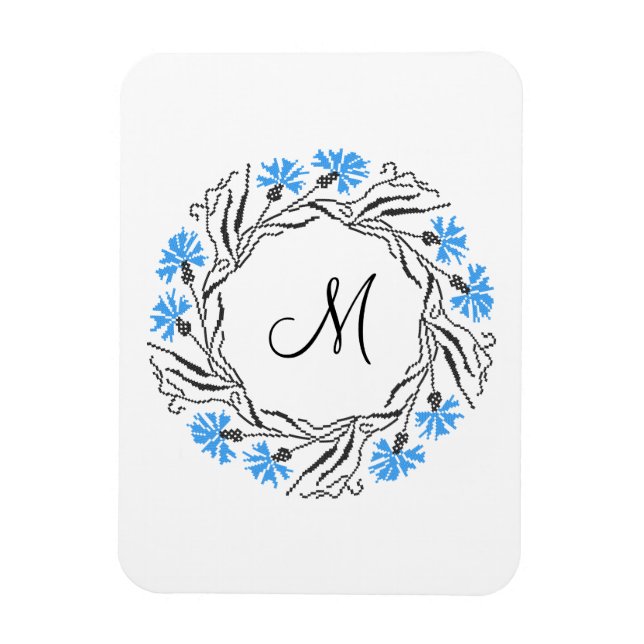 Cross-stitch Cornflower Circle  Monogram Initial Magnet (Vertical)