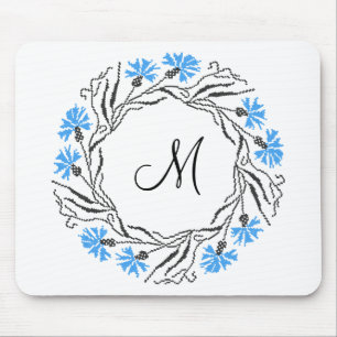 Cross-stitch Cornflower Circle Monogram Initial Mouse Pad