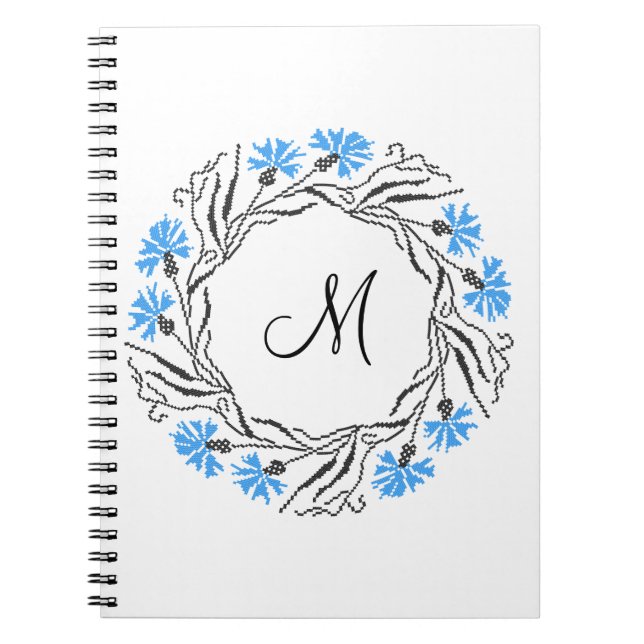 Cross-stitch Cornflower Circle  Monogram Initial Notebook (Front)