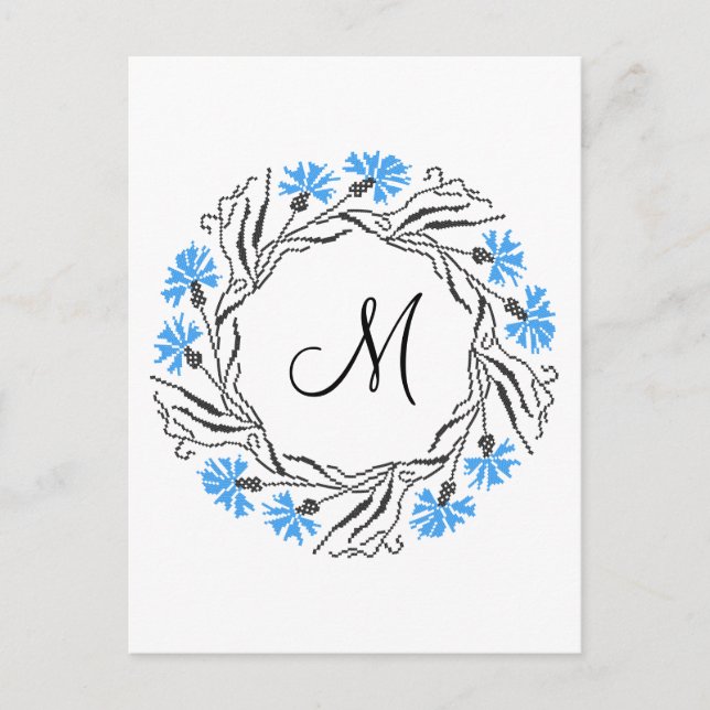Cross-stitch Cornflower Circle  Monogram Initial Postcard (Front)