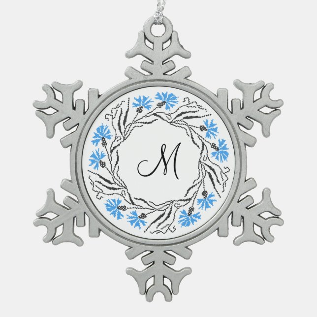 Cross-stitch Cornflower Circle  Monogram Initial Snowflake Pewter Christmas Ornament (Front)