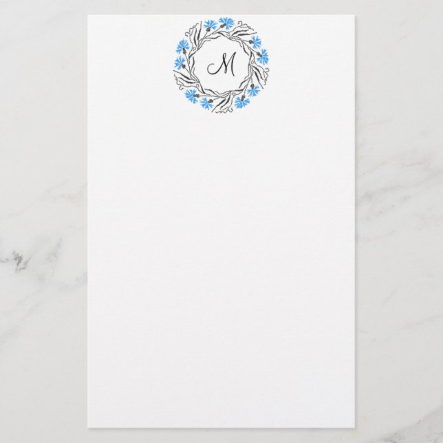 Cross-stitch Cornflower Circle  Monogram Initial Stationery (Front)