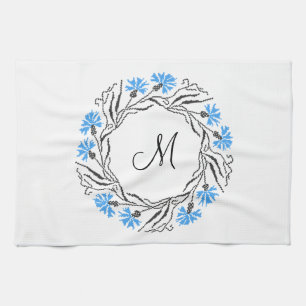 Cross-stitch Cornflower Circle Monogram Initial Tea Towel