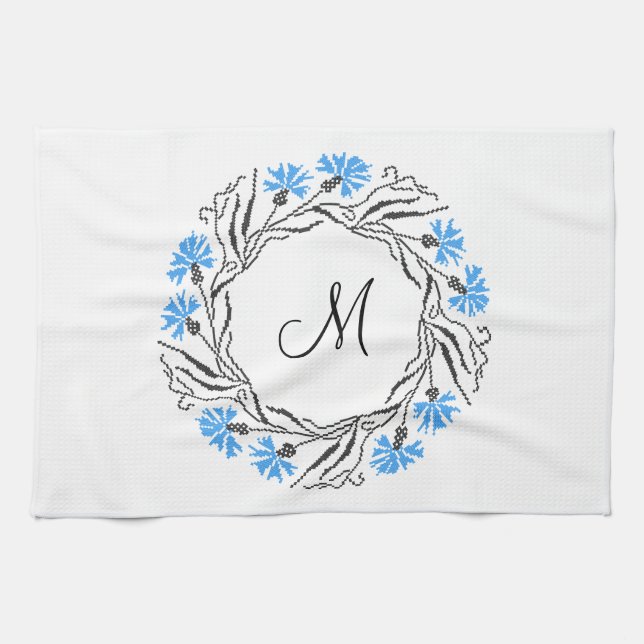Cross-stitch Cornflower Circle  Monogram Initial Tea Towel (Horizontal)
