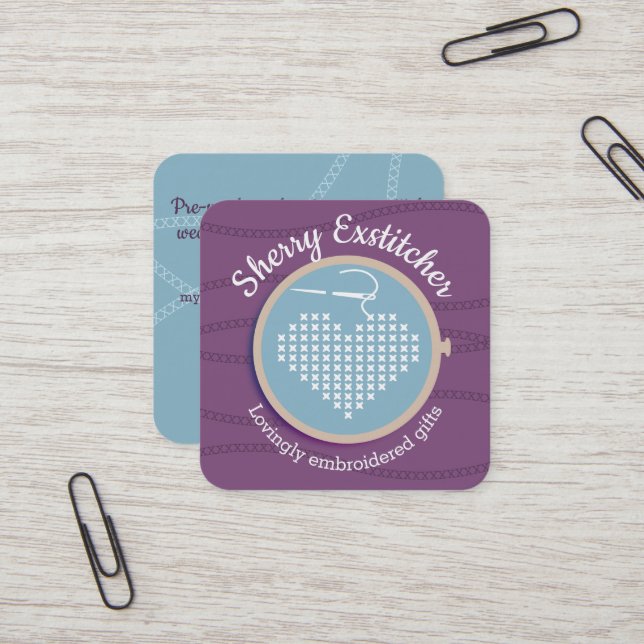 Cross stitch embroidery hoop heart needle thread square business card (Front/Back In Situ)