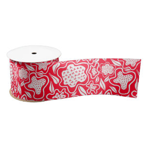 Cross Stitch Look Red White Floral Design Satin Ribbon