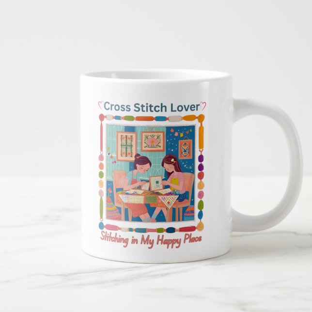 Cross Stitch Lover-Stitching in My Happy Place Large Coffee Mug (Right)