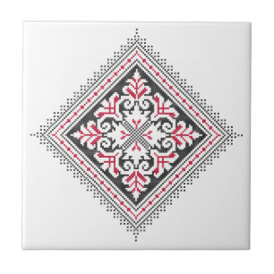 Cross-stitch pattern. Red and black ethnic decor Ceramic Tile
