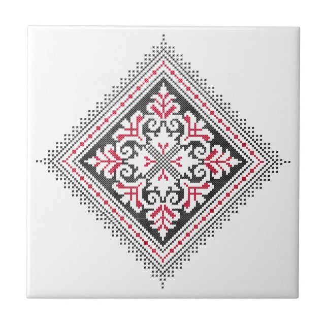 Cross-stitch pattern. Red and black ethnic decor Ceramic Tile (Front)