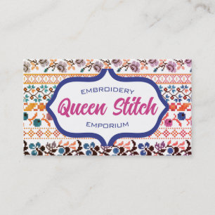 Cross stitch pixel art embroidery flowers blue business card