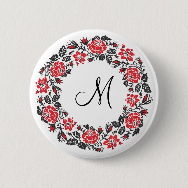 Cross-stitch Red Roses Circle Monogram Initial 6 Cm Round Badge (Front)