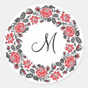 Cross-stitch Red Roses Circle Monogram Initial Classic Round Sticker