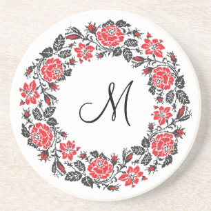Cross-stitch Red Roses Circle Monogram Initial Coaster