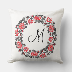 Cross-stitch Red Roses Circle Monogram Initial Cushion