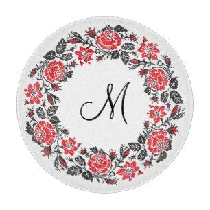 Cross-stitch Red Roses Circle Monogram Initial Cutting Board