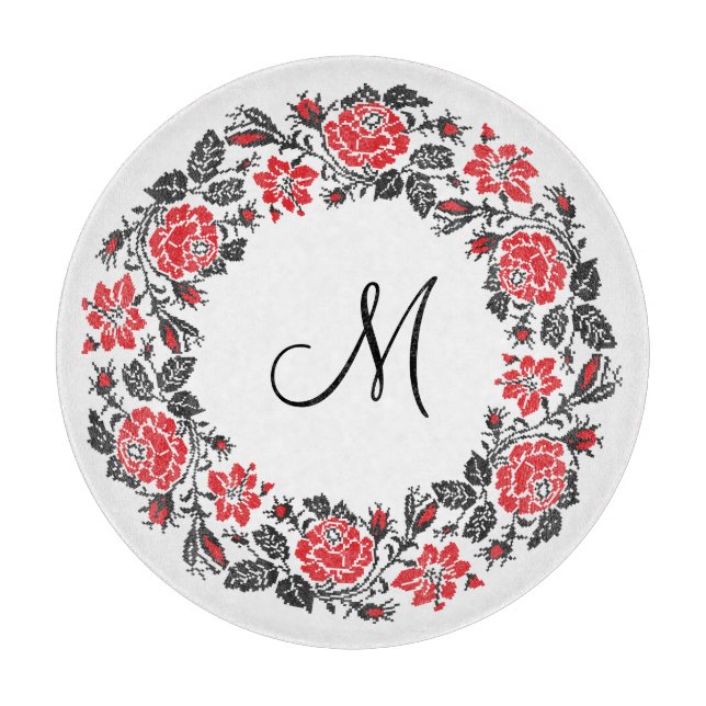 Cross-stitch Red Roses Circle Monogram Initial Cutting Board (Front)