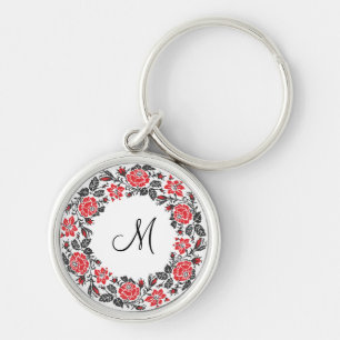 Cross-stitch Red Roses Circle Monogram Initial Key Ring