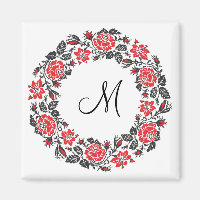 Cross-stitch Red Roses Circle Monogram Initial