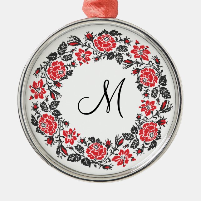 Cross-stitch Red Roses Circle Monogram Initial Metal Tree Decoration (Front)