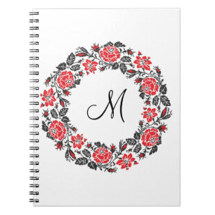 Cross-stitch Red Roses Circle Monogram Initial Notebook