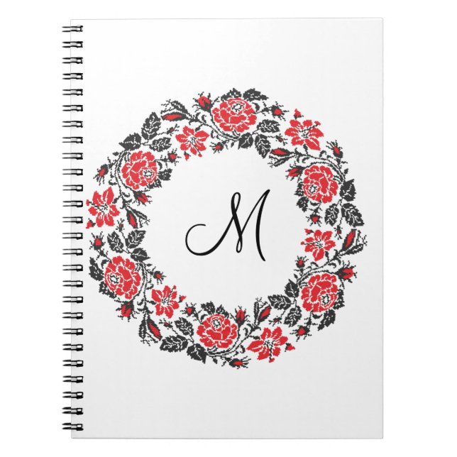 Cross-stitch Red Roses Circle Monogram Initial Notebook (Front)