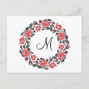Cross-stitch Red Roses Circle Monogram Initial Postcard