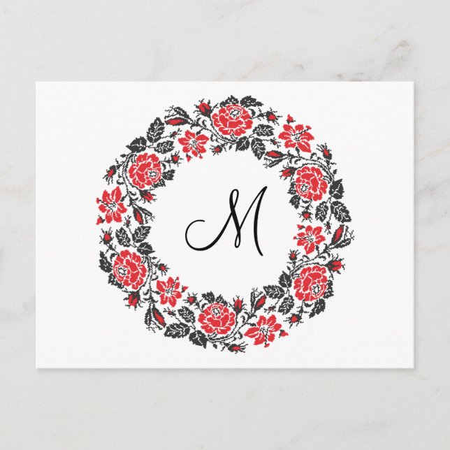 Cross-stitch Red Roses Circle Monogram Initial Postcard (Front)