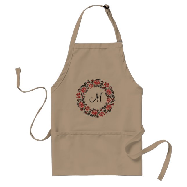 Cross-stitch Red Roses Circle Monogram Initial Standard Apron (Front)