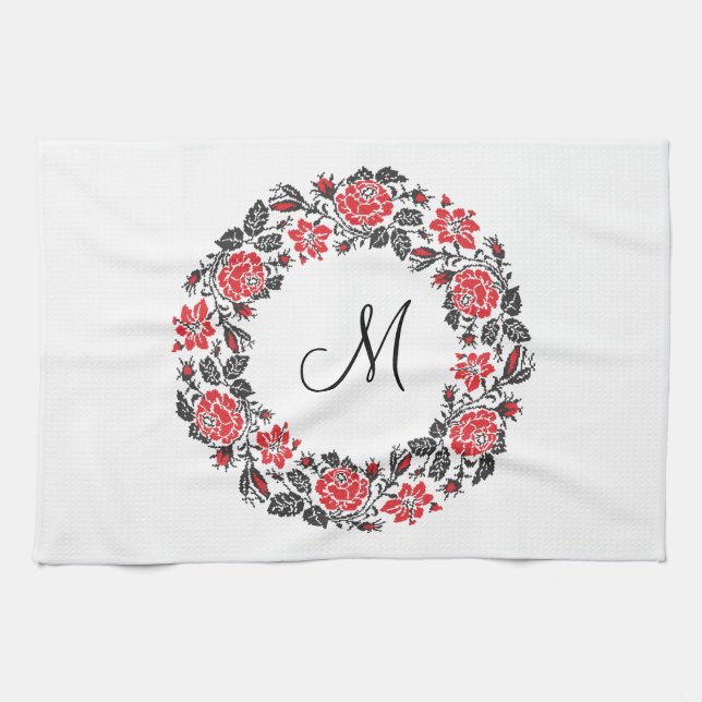 Cross-stitch Red Roses Circle Monogram Initial Tea Towel (Horizontal)