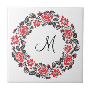 Cross-stitch Red Roses Circle Monogram Initial Tile