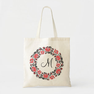 Cross-stitch Red Roses Circle Monogram Initial Tote Bag