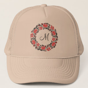 Cross-stitch Red Roses Circle Monogram Initial Trucker Hat