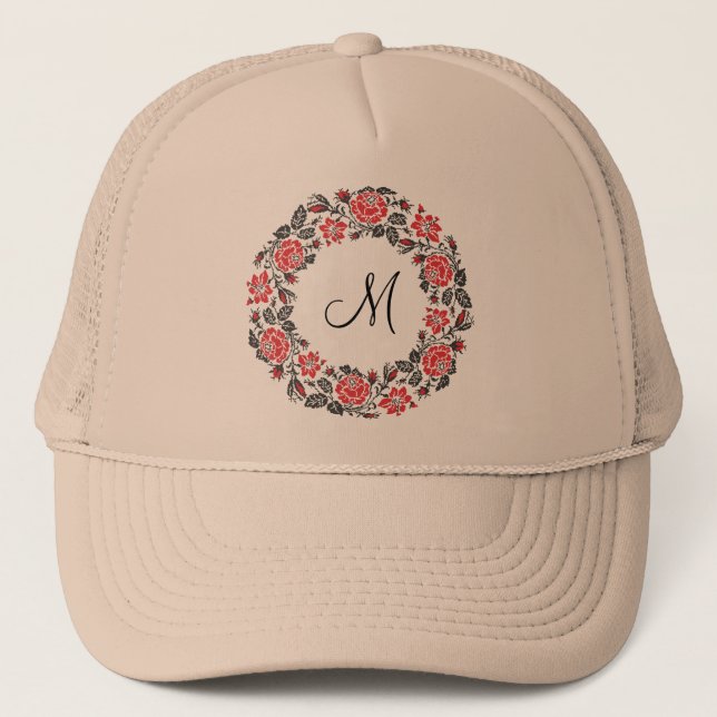 Cross-stitch Red Roses Circle Monogram Initial Trucker Hat (Front)