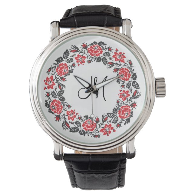Cross-stitch Red Roses Circle Monogram Initial Watch (Front)