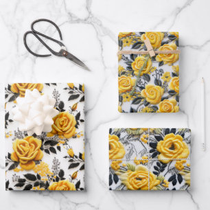 Cross Stitch Texture Black and Yellow Roses Wrapping Paper Sheet