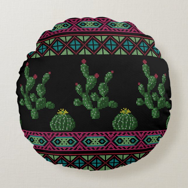 Cross stitch tribal embroidery cross-stitch mexica round cushion (Front)