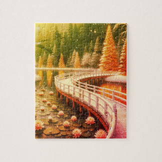 Cross the Bridge Over the Flowery Lilly Pad Pond Jigsaw Puzzle