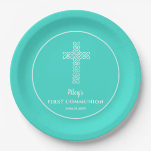 Cross   Turquoise Communion Baptism Christen Paper Plate