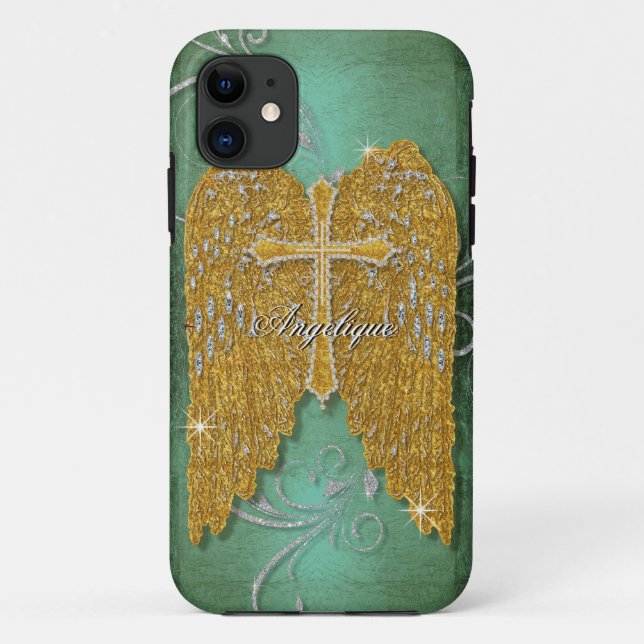 Cross w Glitter Diamond Jewel Look Angel Wings Case-Mate iPhone Case (Back)