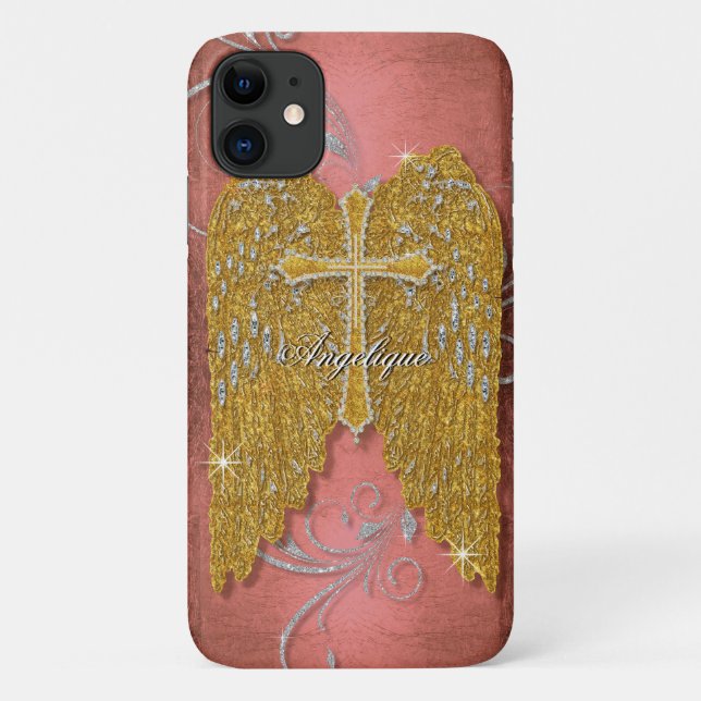 Cross w Gold Glitter Diamond Jewel Angel Wings Case-Mate iPhone Case (Back)
