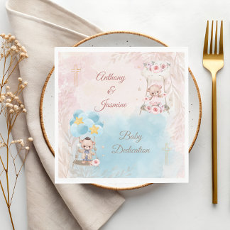 Cross w/ Pink and Blue Twin Teddy Bears on Swing Napkin