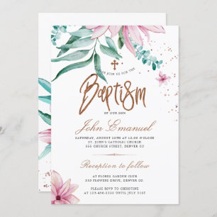 Cross watercolor elegant floral baptism invitation