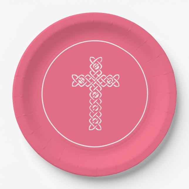 Cross Watermelon Pink Communion Baptism Christen Paper Plate (Front)