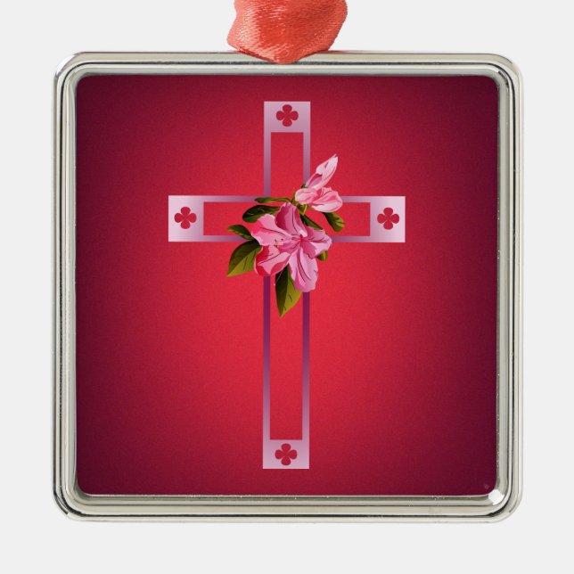 Cross with Azalea Flowers Easter Metal Tree Decoration (Front)
